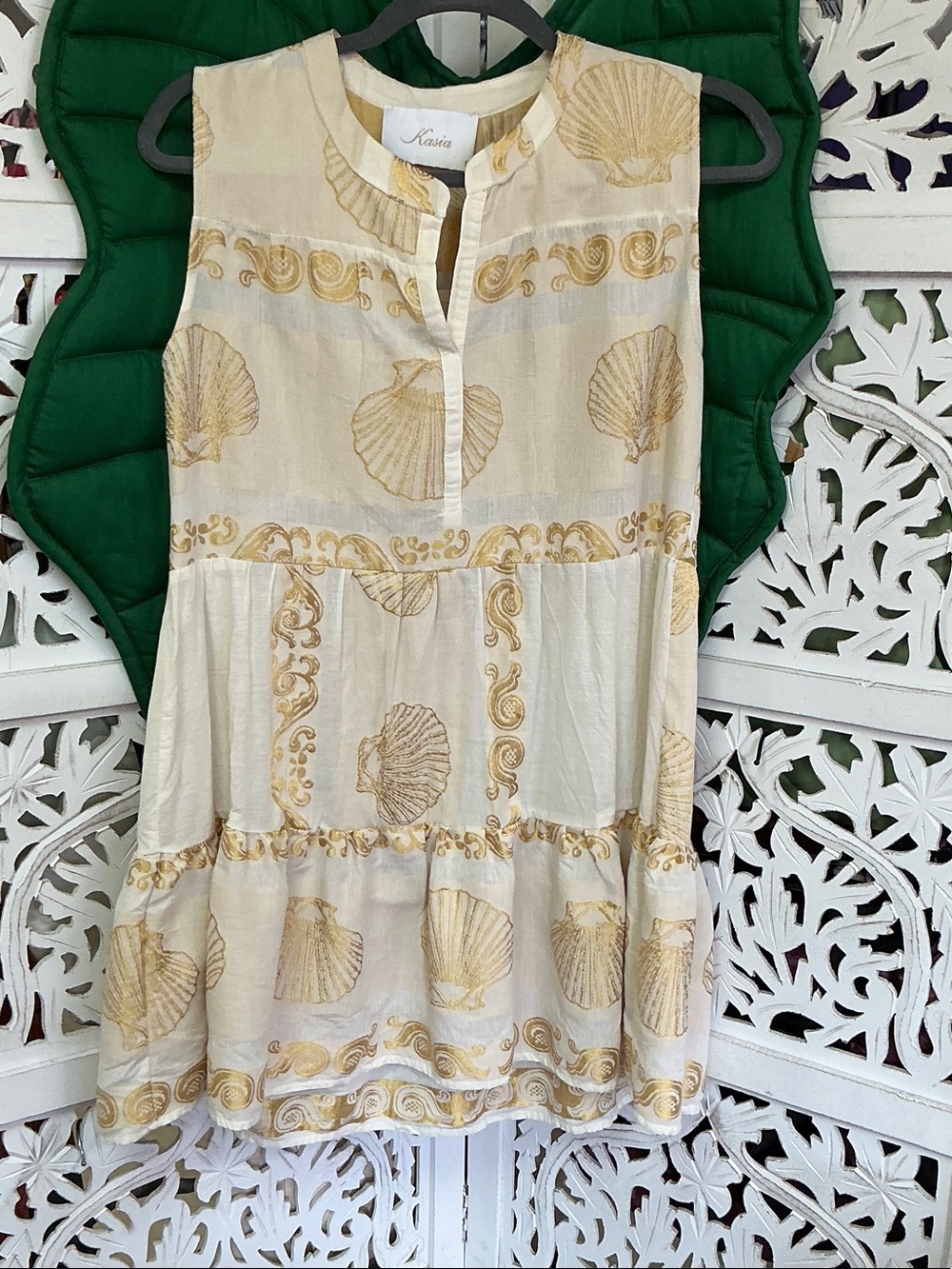 Kasia anthropologie gold embroidered shell print tiered mini dress. Size S